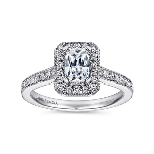 Vintage Inspired 14K White Gold Emerald Halo Diamond Engagement Ring
