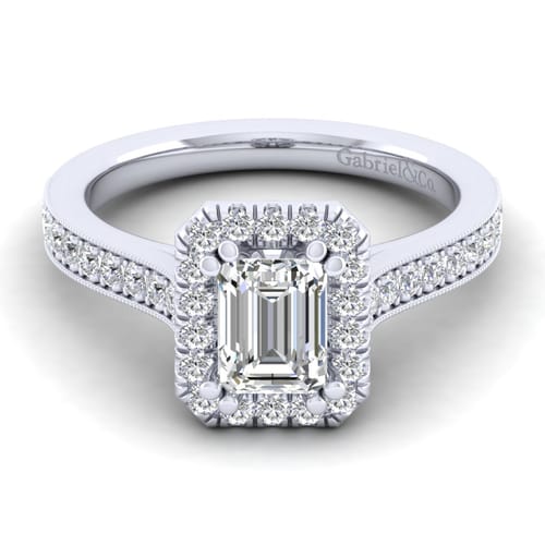 Vintage Inspired 14K White Gold Emerial Halo Diamond Engagement Ring
