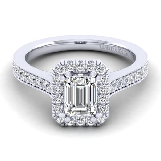 Gabriel - Vintage Inspired 14K White Gold Emerial Halo Diamond Engagement Ring