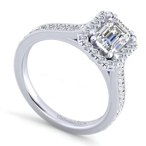 Vintage Inspired 14K White Gold Emerial Halo Diamond Engagement Ring