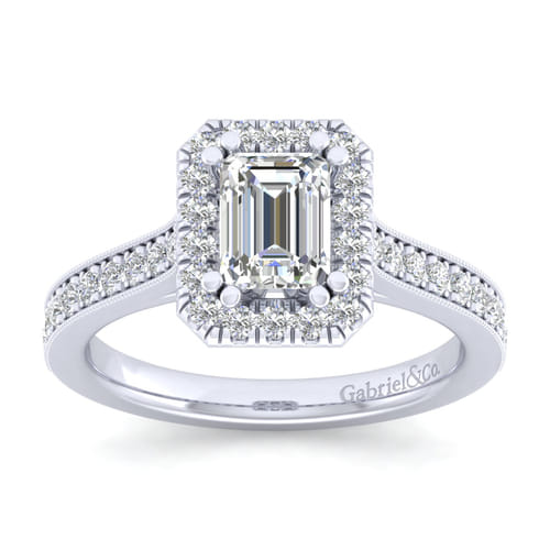 Vintage Inspired 14K White Gold Emerial Halo Diamond Engagement Ring