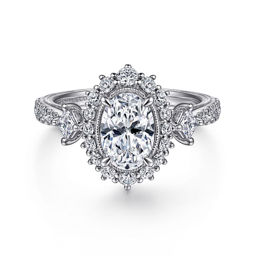 Vintage Inspired 14K White Gold Fancy Halo Oval Diamond Engagement Ring