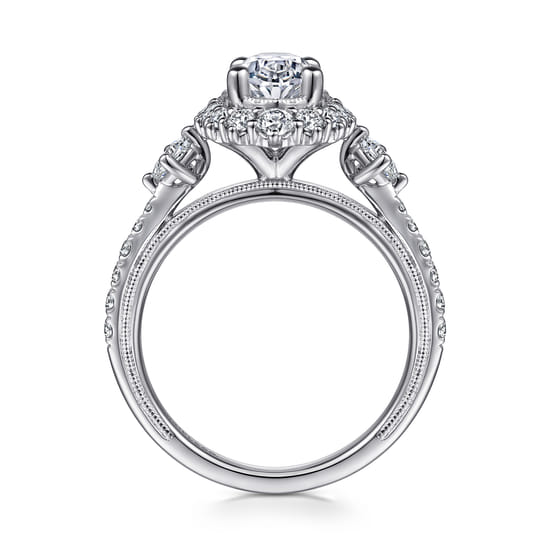 Vintage Inspired 14K White Gold Fancy Halo Oval Diamond Engagement Ring angle 2