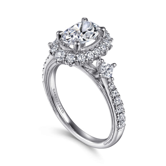 Vintage Inspired 14K White Gold Fancy Halo Oval Diamond Engagement Ring angle 3