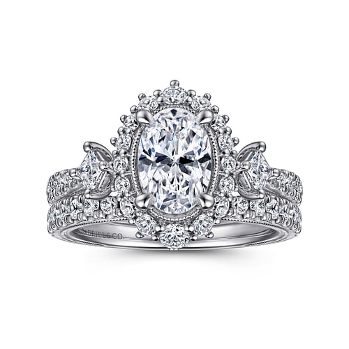 Vintage Inspired 14K White Gold Fancy Halo Oval Diamond Engagement Ring