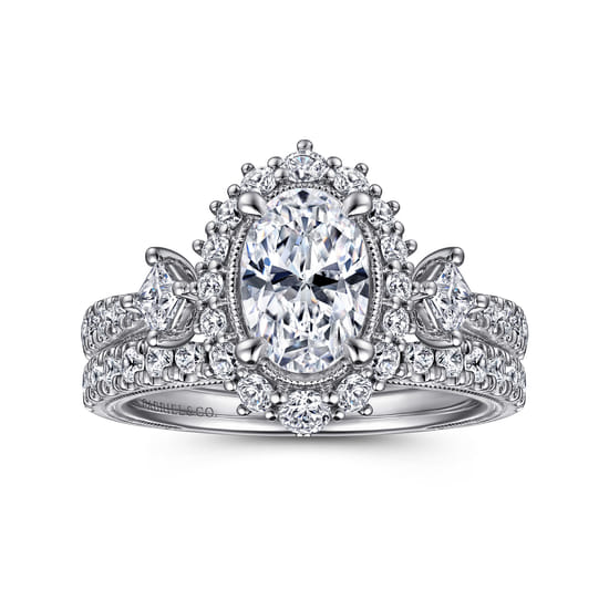 Vintage Inspired 14K White Gold Fancy Halo Oval Diamond Engagement Ring angle 4