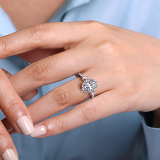 Vintage Inspired 14K White Gold Fancy Halo Oval Diamond Engagement Ring angle 6