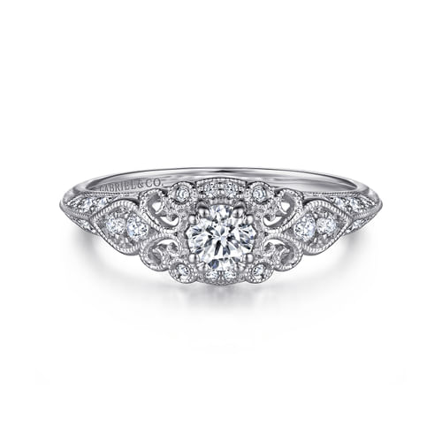 Vintage Inspired 14K White Gold Fancy Halo Round Diamond Engagement Ring