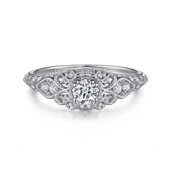 Gabriel - Vintage Inspired 14K White Gold Fancy Halo Round Diamond Engagement Ring