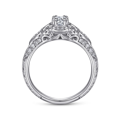 Vintage Inspired 14K White Gold Fancy Halo Round Diamond Engagement Ring