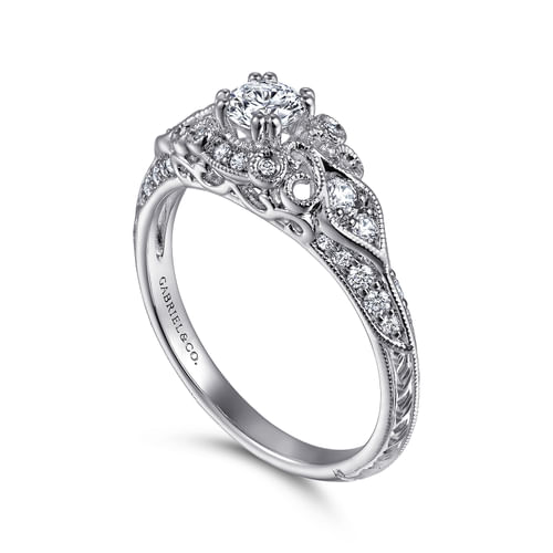 Vintage Inspired 14K White Gold Fancy Halo Round Diamond Engagement Ring