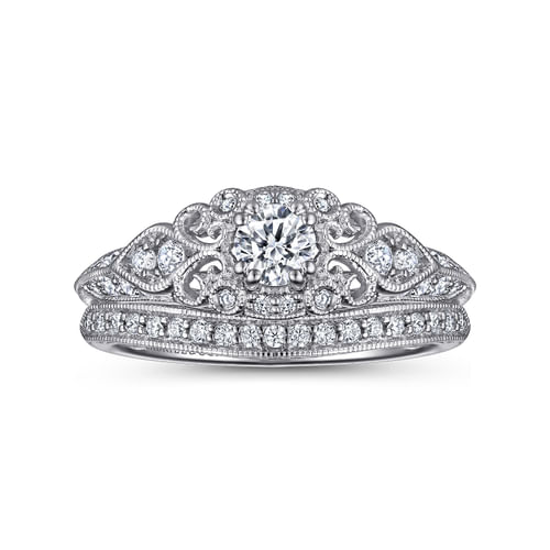 Vintage Inspired 14K White Gold Fancy Halo Round Diamond Engagement Ring