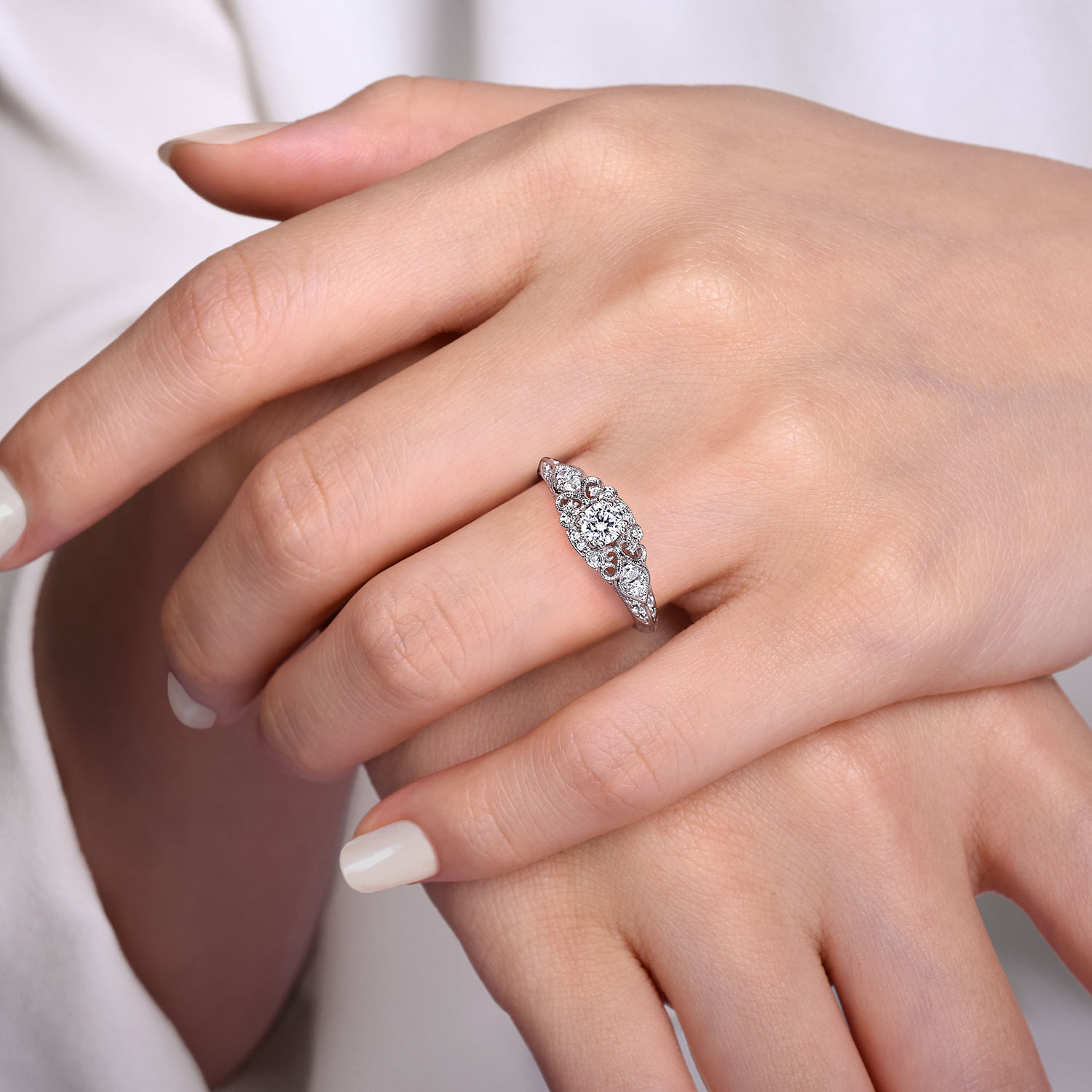 Vintage Inspired 14K White Gold Fancy Halo Round Diamond Engagement Ring