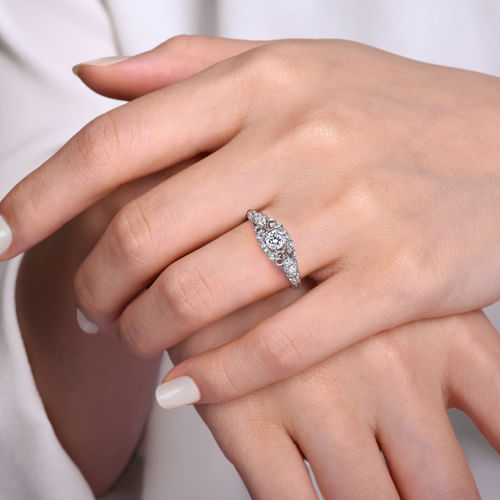 Vintage Inspired 14K White Gold Fancy Halo Round Diamond Engagement Ring