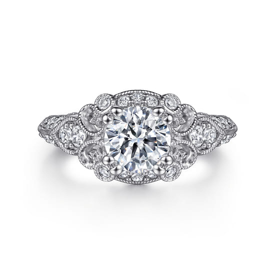 Gabriel - Vintage Inspired 14K White Gold Fancy Halo Round Diamond Engagement Ring