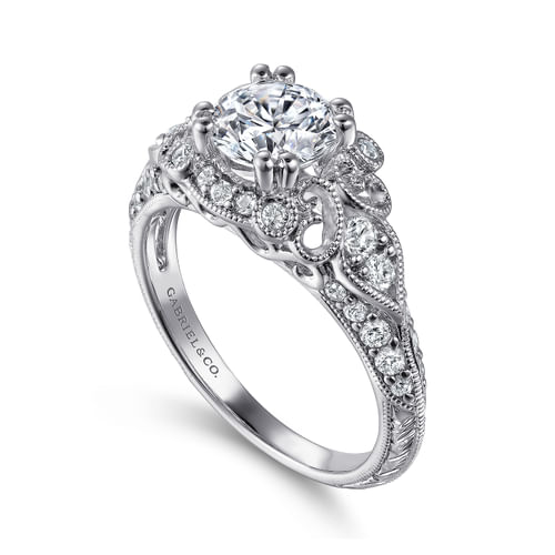 Vintage Inspired 14K White Gold Fancy Halo Round Diamond Engagement Ring