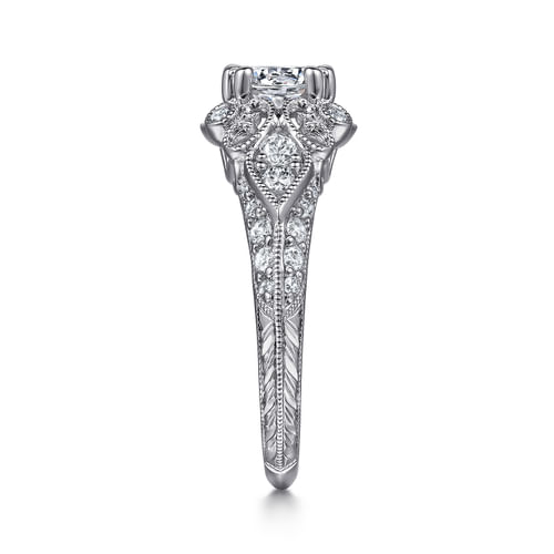 Vintage Inspired 14K White Gold Fancy Halo Round Diamond Engagement Ring