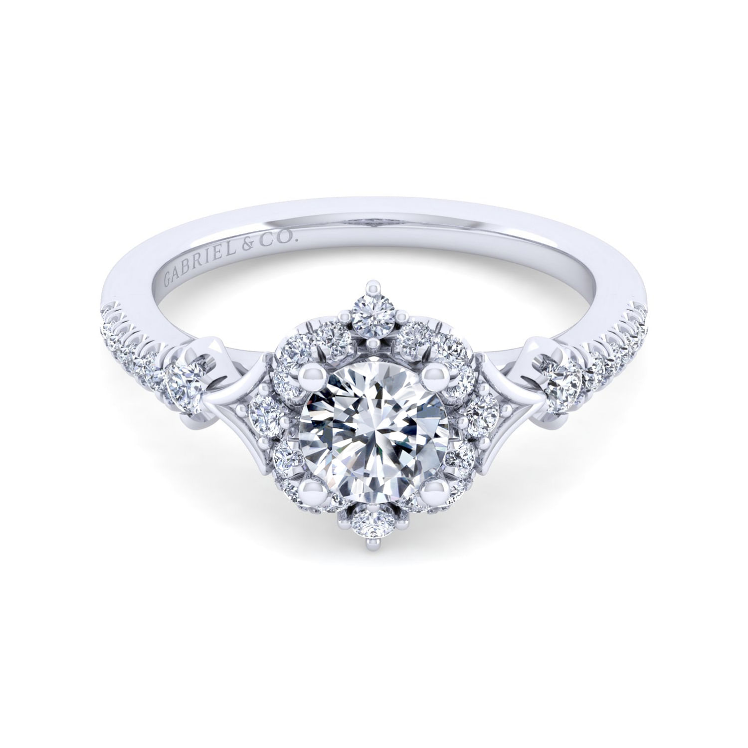 Gabriel - Vintage Inspired 14K White Gold Fancy Halo Round Diamond Engagement Ring