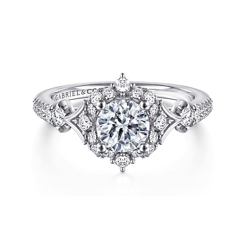 Vintage Inspired 14K White Gold Fancy Halo Round Diamond Engagement Ring