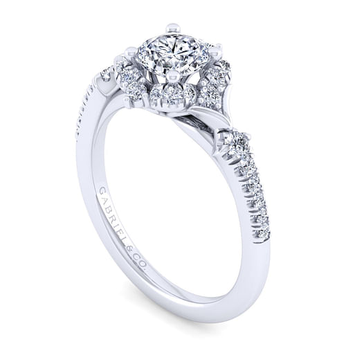 Vintage Inspired 14K White Gold Fancy Halo Round Diamond Engagement Ring