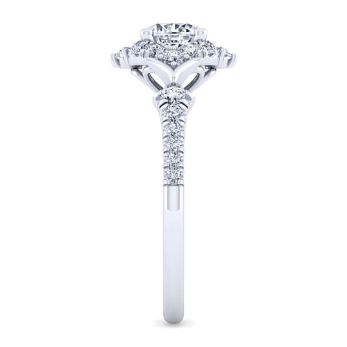 Vintage Inspired 14K White Gold Fancy Halo Round Diamond Engagement Ring