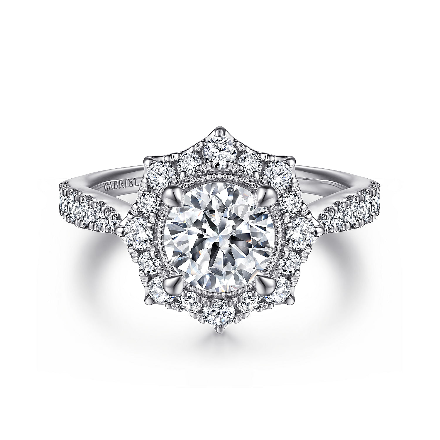 Gabriel - Vintage Inspired 14K White Gold Fancy Halo Round Diamond Engagement Ring