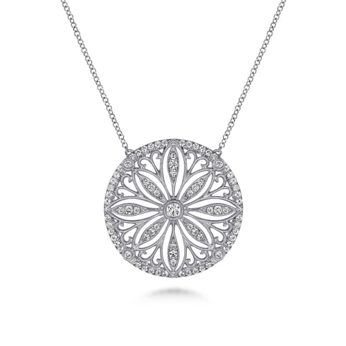 Vintage Inspired 14K White Gold Floral Diamond Pendant Necklace