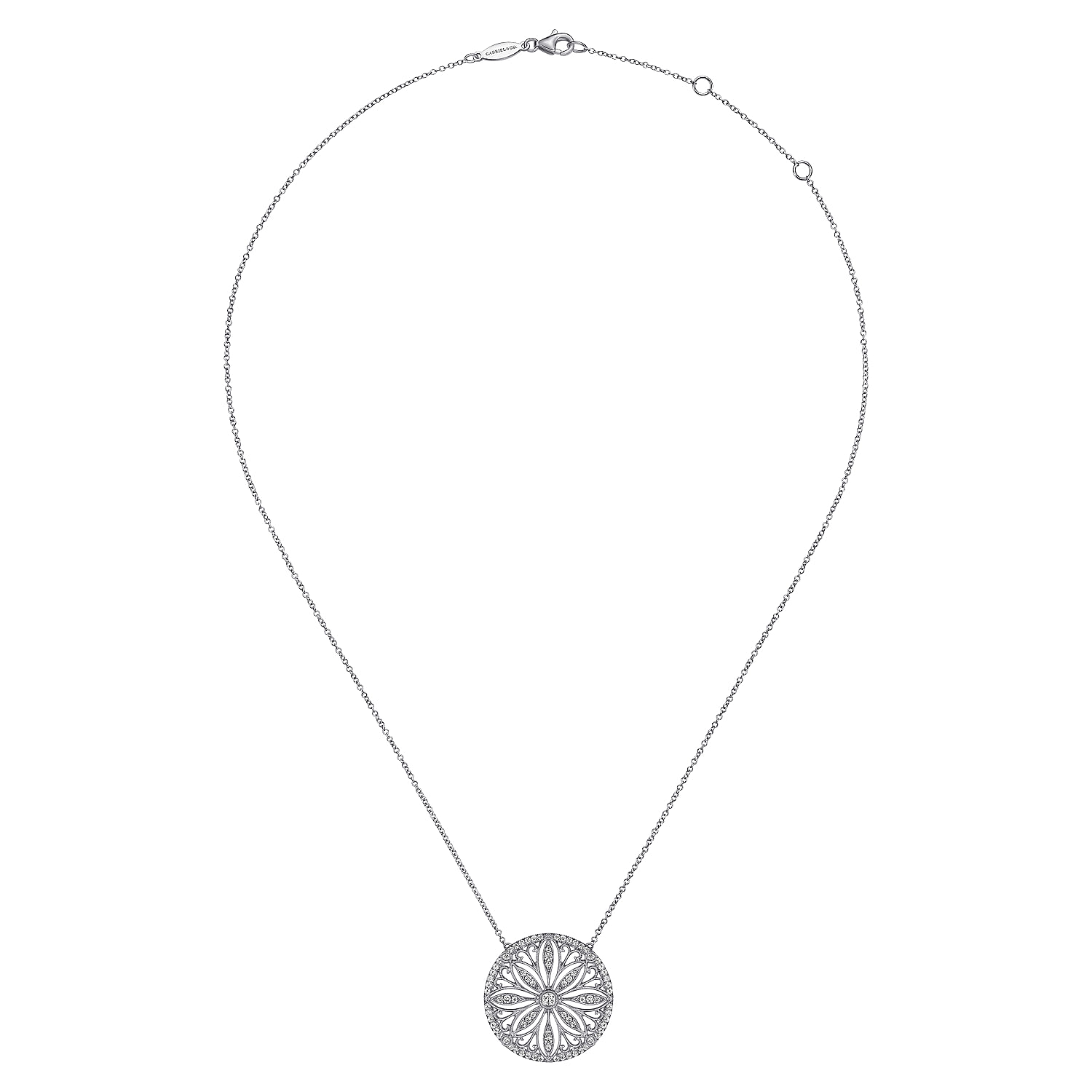 Vintage Inspired 14K White Gold Floral Diamond Pendant Necklace