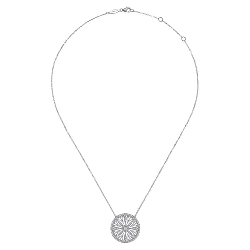 Vintage Inspired 14K White Gold Floral Diamond Pendant Necklace