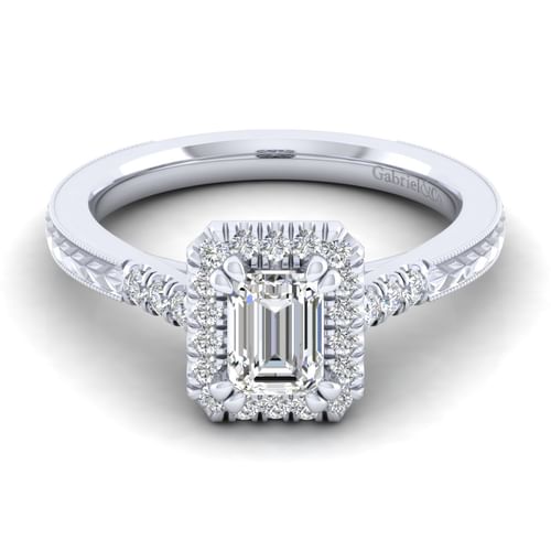 Vintage Inspired 14K White Gold Halo Emerald Cut Diamond Engagement Ring