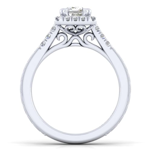 Vintage Inspired 14K White Gold Halo Emerald Cut Diamond Engagement Ring