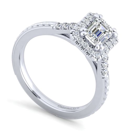 Vintage Inspired 14K White Gold Halo Emerald Cut Diamond Engagement Ring