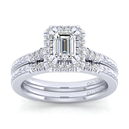Vintage Inspired 14K White Gold Halo Emerald Cut Diamond Engagement Ring