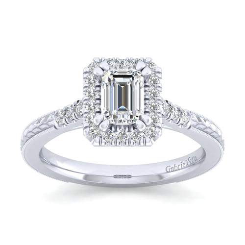 Vintage Inspired 14K White Gold Halo Emerald Cut Diamond Engagement Ring