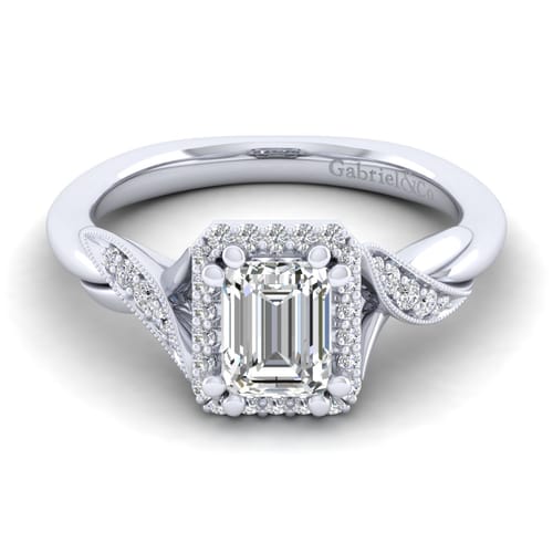 Vintage Inspired 14K White Gold Halo Emerald Cut Diamond Engagement Ring