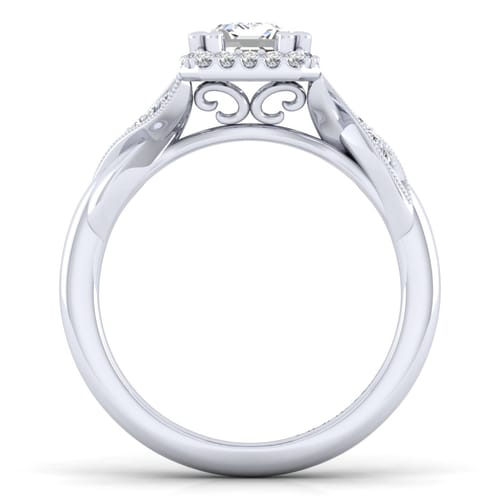 Vintage Inspired 14K White Gold Halo Emerald Cut Diamond Engagement Ring