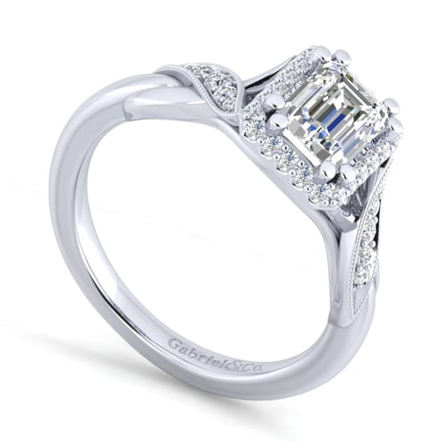 Vintage Inspired 14K White Gold Halo Emerald Cut Diamond Engagement Ring