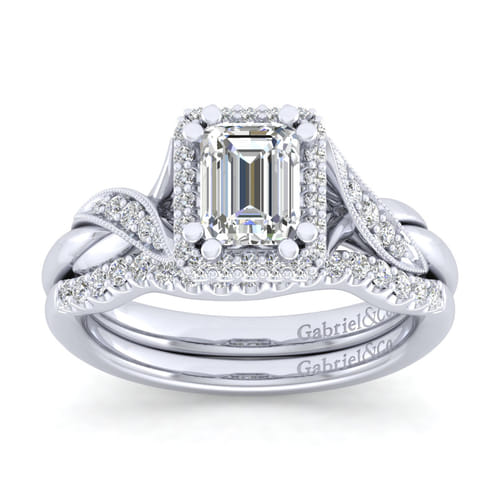 Vintage Inspired 14K White Gold Halo Emerald Cut Diamond Engagement Ring