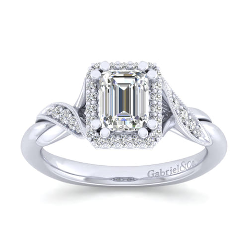 Vintage Inspired 14K White Gold Halo Emerald Cut Diamond Engagement Ring
