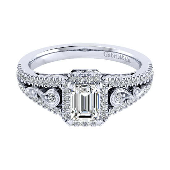 Gabriel - Vintage Inspired 14K White Gold Halo Emerald Cut Diamond Engagement Ring