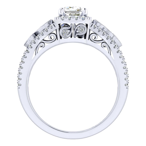 Vintage Inspired 14K White Gold Halo Emerald Cut Diamond Engagement Ring