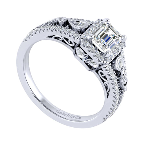 Vintage Inspired 14K White Gold Halo Emerald Cut Diamond Engagement Ring