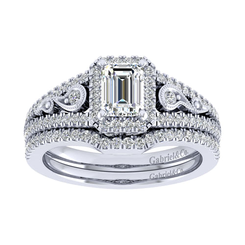 Vintage Inspired 14K White Gold Halo Emerald Cut Diamond Engagement Ring