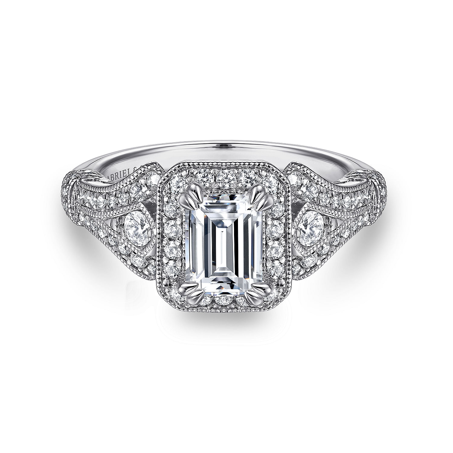 Gabriel - Vintage Inspired 14K White Gold Halo Emerald Cut Diamond Engagement Ring