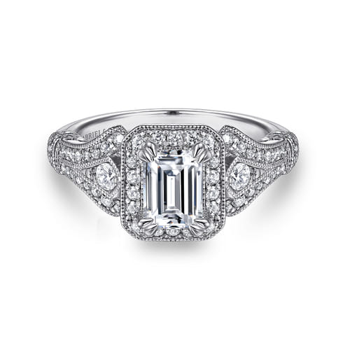 Vintage Inspired 14K White Gold Halo Emerald Cut Diamond Engagement Ring Vintage Inspired 14K White Gold Halo Emerald Cut Diamond Engagement Ring