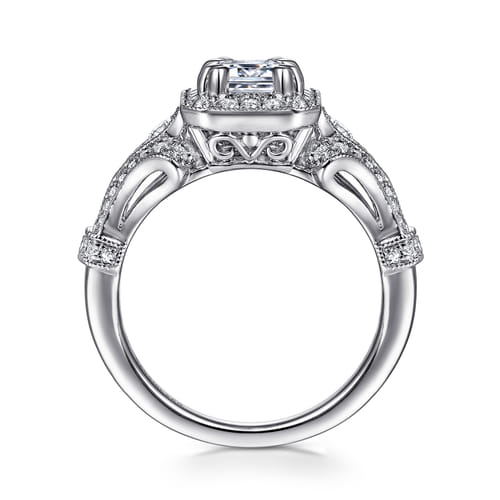 Vintage Inspired 14K White Gold Halo Emerald Cut Diamond Engagement Ring Vintage Inspired 14K White Gold Halo Emerald Cut Diamond Engagement Ring