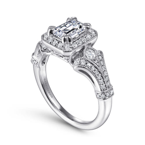 Vintage Inspired 14K White Gold Halo Emerald Cut Diamond Engagement Ring Vintage Inspired 14K White Gold Halo Emerald Cut Diamond Engagement Ring