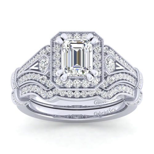 Vintage Inspired 14K White Gold Halo Emerald Cut Diamond Engagement Ring Vintage Inspired 14K White Gold Halo Emerald Cut Diamond Engagement Ring