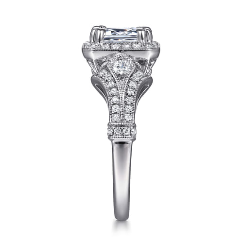 Vintage Inspired 14K White Gold Halo Emerald Cut Diamond Engagement Ring Vintage Inspired 14K White Gold Halo Emerald Cut Diamond Engagement Ring