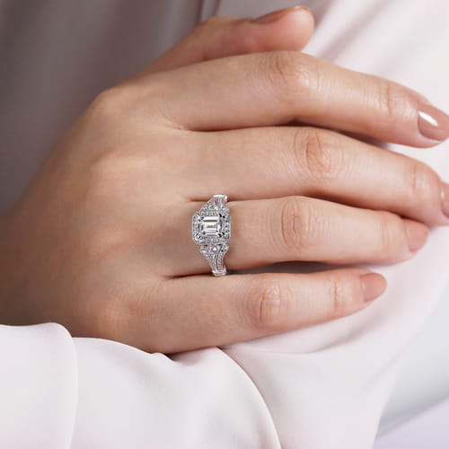 Vintage Inspired 14K White Gold Halo Emerald Cut Diamond Engagement Ring Vintage Inspired 14K White Gold Halo Emerald Cut Diamond Engagement Ring